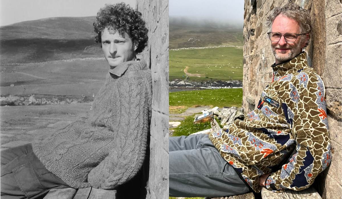 man curly hair sitting on a bench - 2 photos taken 26 years apart in the same location